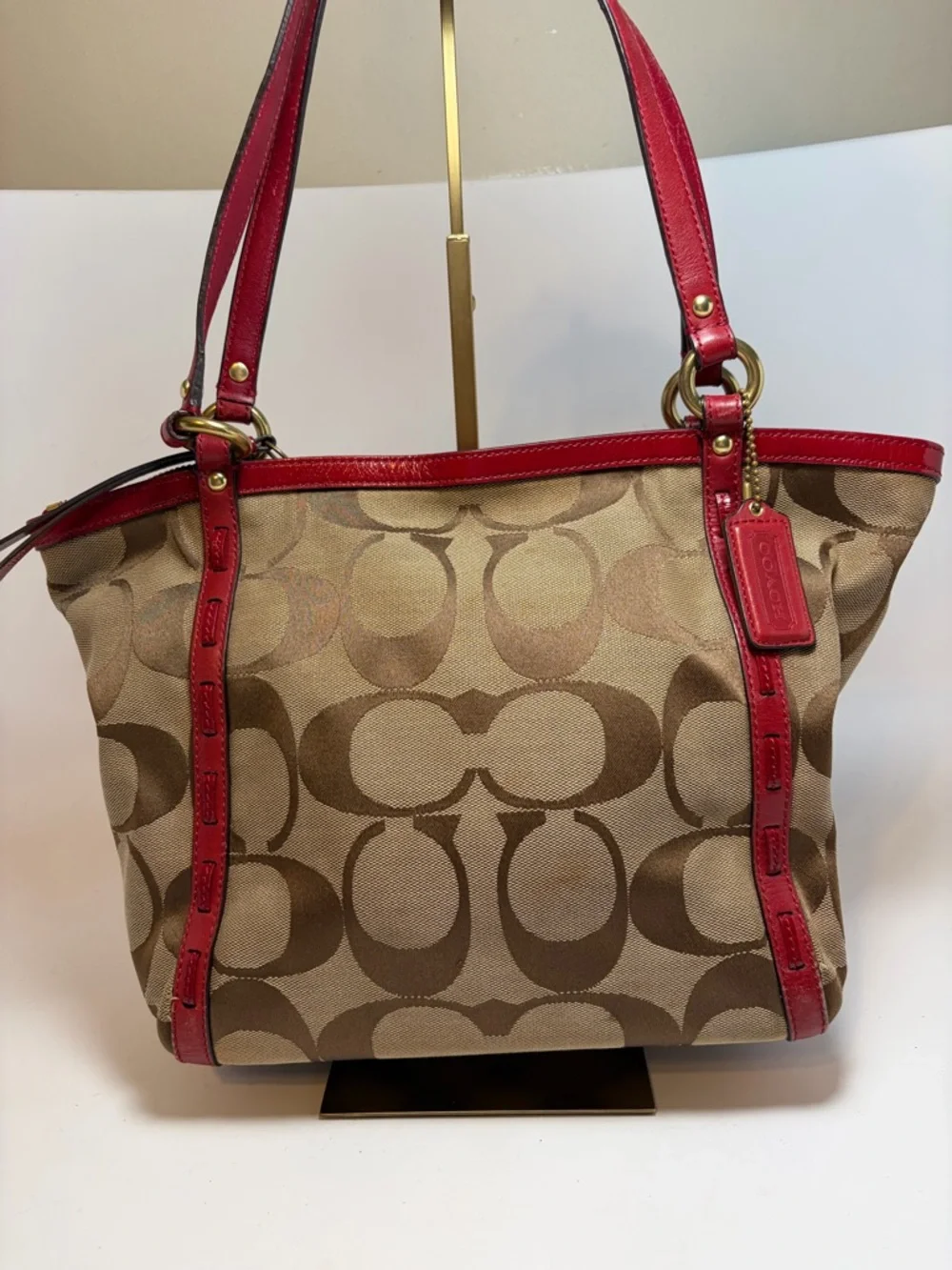 Coach Red Leather & Signature Print Tote with Plaid Interior #13005